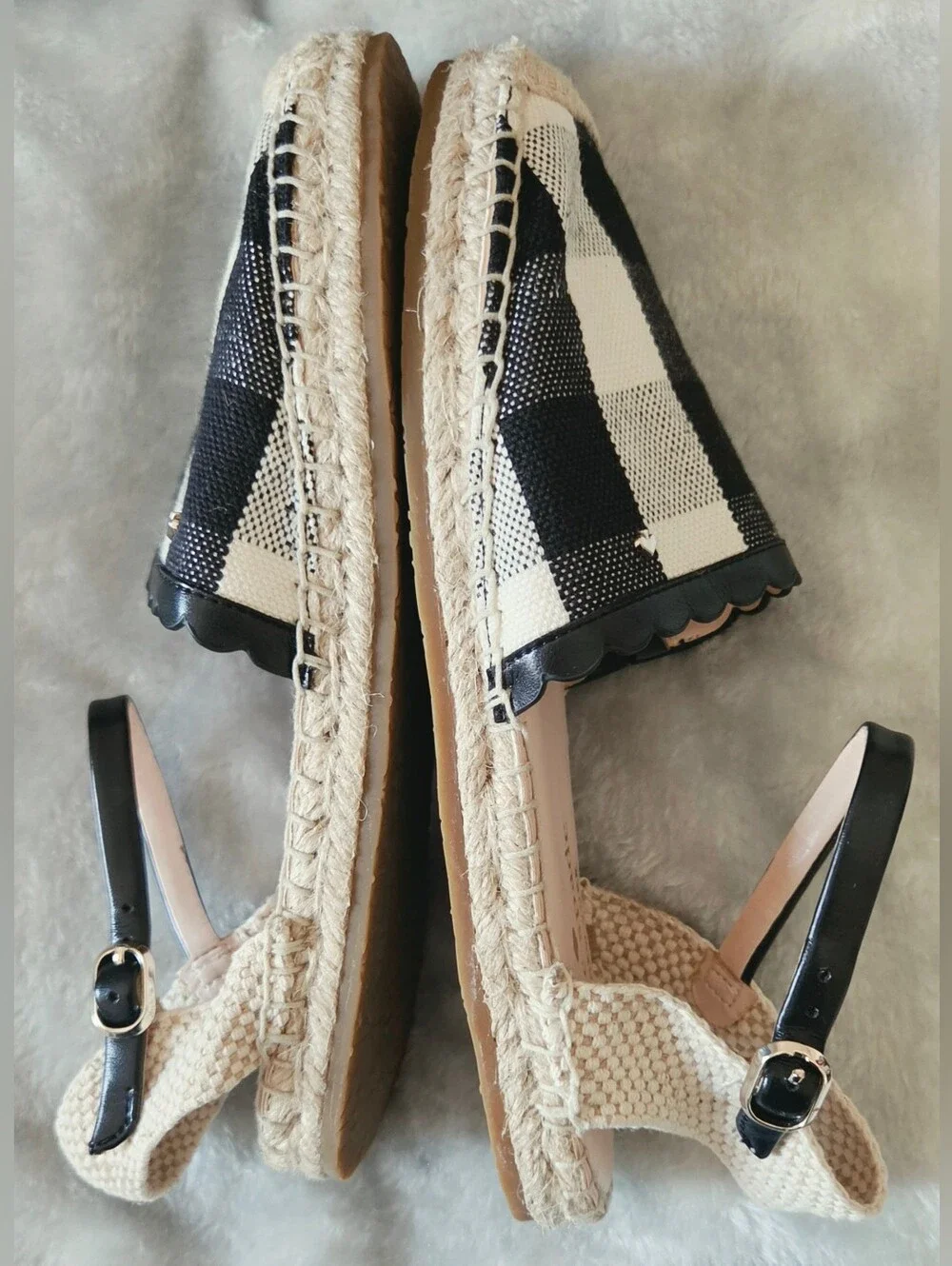 kate spade Black & White Gingham Scallop Espadrille Wedges